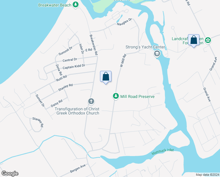 map of restaurants, bars, coffee shops, grocery stores, and more near 3685 West Mill Road in Mattituck