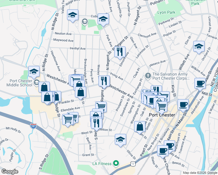 map of restaurants, bars, coffee shops, grocery stores, and more near 411 Westchester Avenue in Port Chester