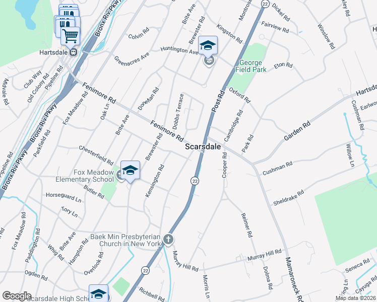 map of restaurants, bars, coffee shops, grocery stores, and more near 1 Ridgecrest West in Scarsdale