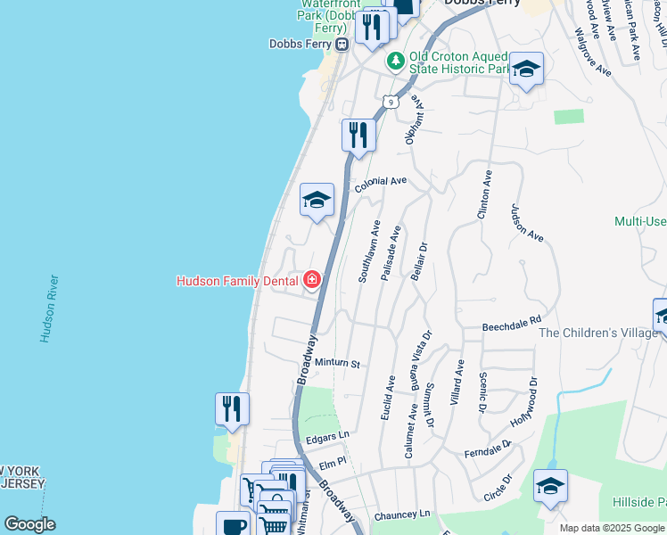 map of restaurants, bars, coffee shops, grocery stores, and more near 46 Broadway in Dobbs Ferry