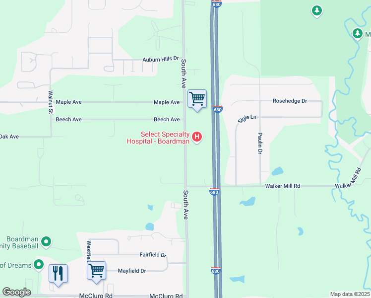 map of restaurants, bars, coffee shops, grocery stores, and more near 8048 South Avenue in Youngstown