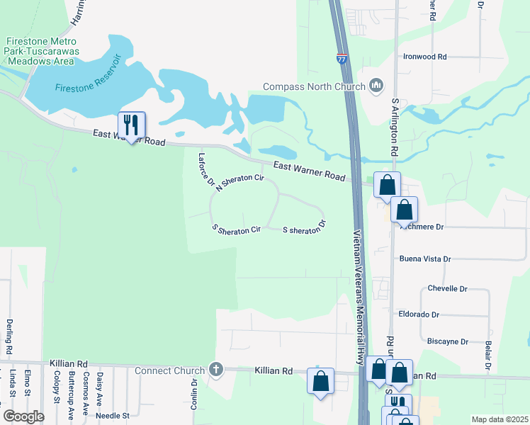 map of restaurants, bars, coffee shops, grocery stores, and more near 704 South Sheraton Circle in Akron