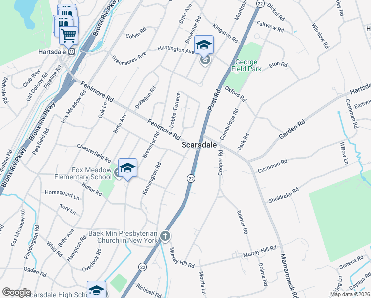 map of restaurants, bars, coffee shops, grocery stores, and more near 1 Ridgecrest West in Scarsdale