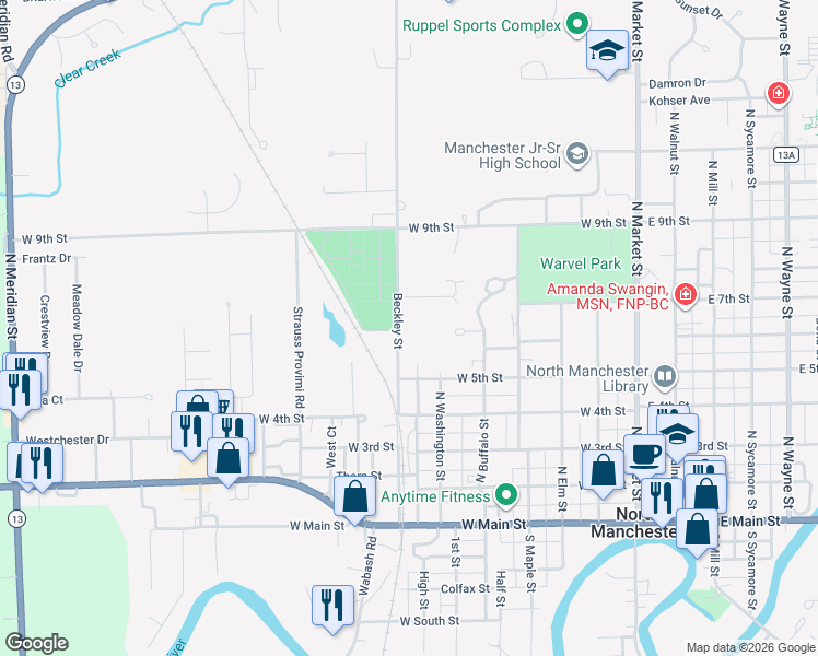 map of restaurants, bars, coffee shops, grocery stores, and more near 649-727 Beckley Street in North Manchester