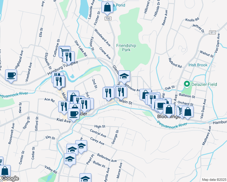 map of restaurants, bars, coffee shops, grocery stores, and more near 90 Arch Street in Butler