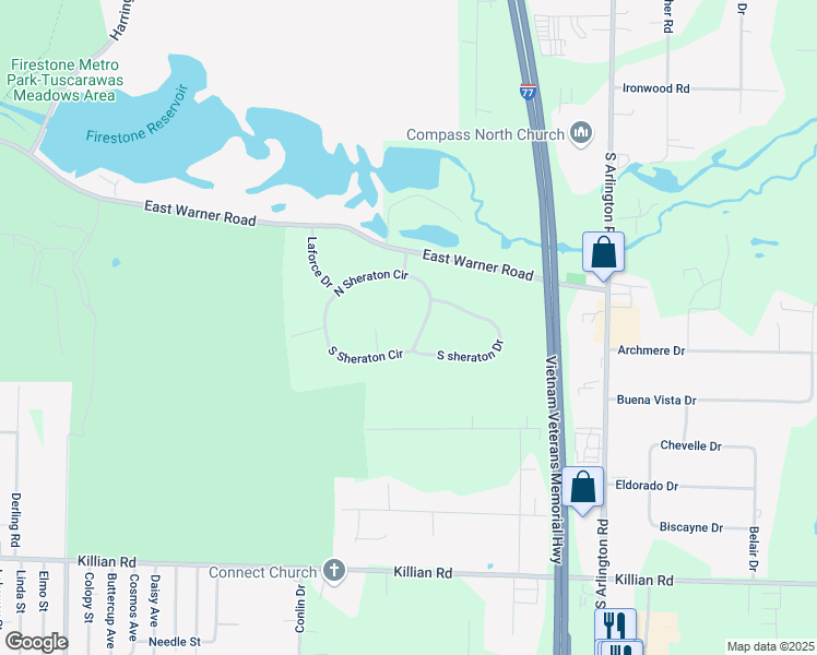 map of restaurants, bars, coffee shops, grocery stores, and more near 704 South Sheraton Circle in Akron