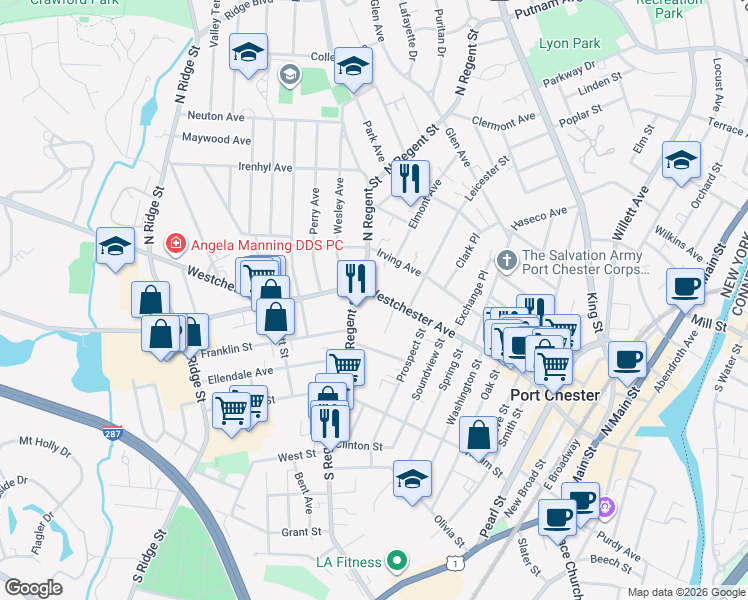 map of restaurants, bars, coffee shops, grocery stores, and more near 411 Westchester Avenue in Port Chester