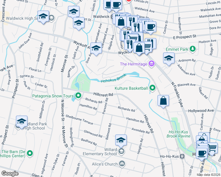 map of restaurants, bars, coffee shops, grocery stores, and more near 928 Glenview Road in Ridgewood