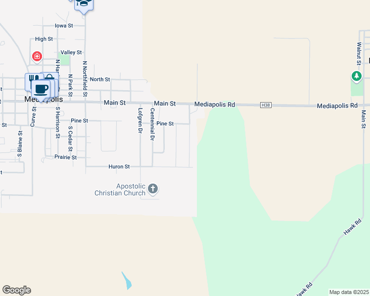 map of restaurants, bars, coffee shops, grocery stores, and more near 299 Lea Darci Drive in Mediapolis