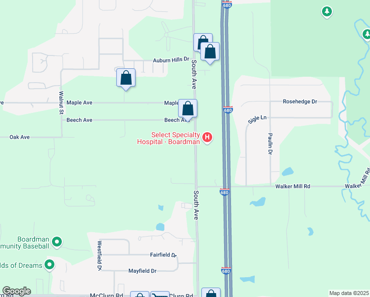 map of restaurants, bars, coffee shops, grocery stores, and more near 8036 South Avenue in Youngstown