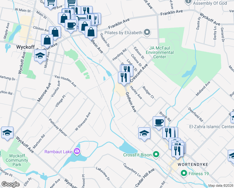 map of restaurants, bars, coffee shops, grocery stores, and more near 84 Heather Lane in Wyckoff