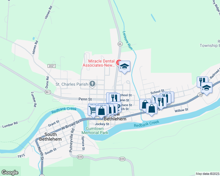 map of restaurants, bars, coffee shops, grocery stores, and more near 515 Wood Street in New Bethlehem