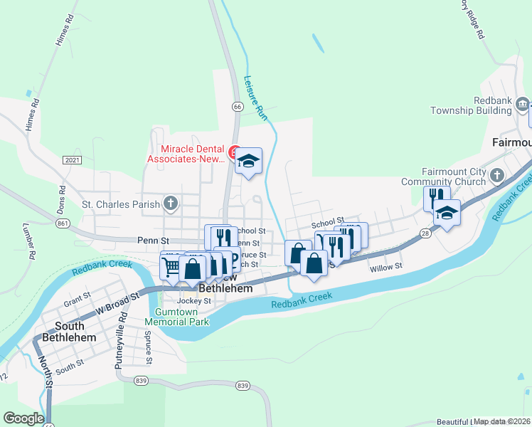 map of restaurants, bars, coffee shops, grocery stores, and more near 500 Vine Street in New Bethlehem