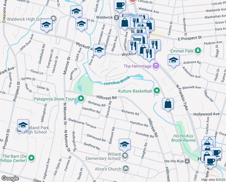 map of restaurants, bars, coffee shops, grocery stores, and more near 928 Glenview Road in Ridgewood