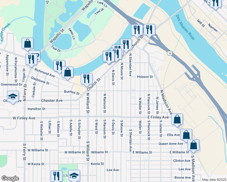 map of restaurants, bars, coffee shops, grocery stores, and more near 200 North Davis Street in Ottumwa