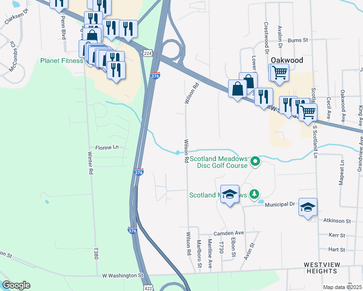 map of restaurants, bars, coffee shops, grocery stores, and more near 210 Wilson Road in New Castle