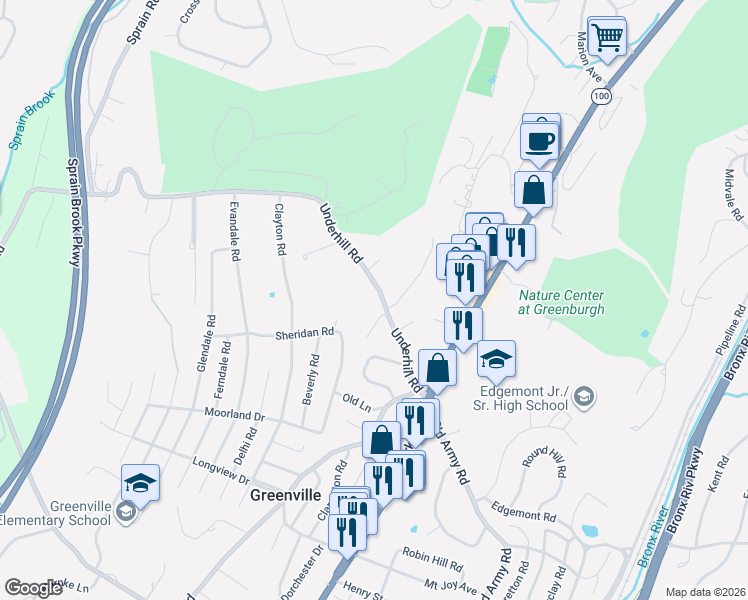 map of restaurants, bars, coffee shops, grocery stores, and more near 105 Underhill Road in Scarsdale