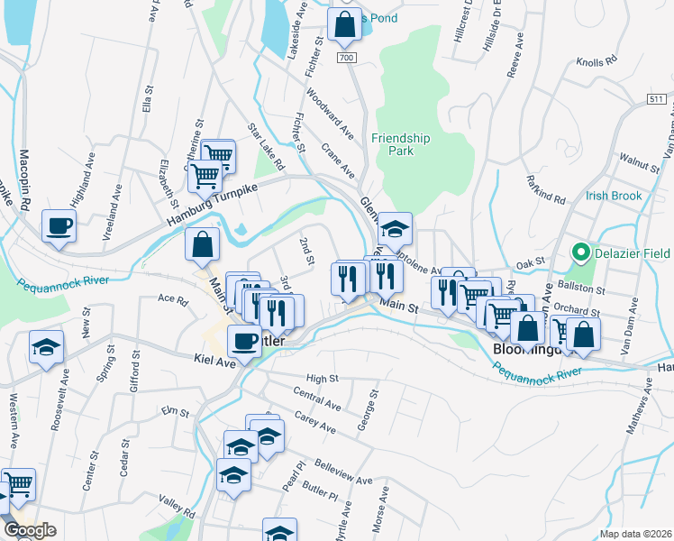 map of restaurants, bars, coffee shops, grocery stores, and more near 90 Arch Street in Butler