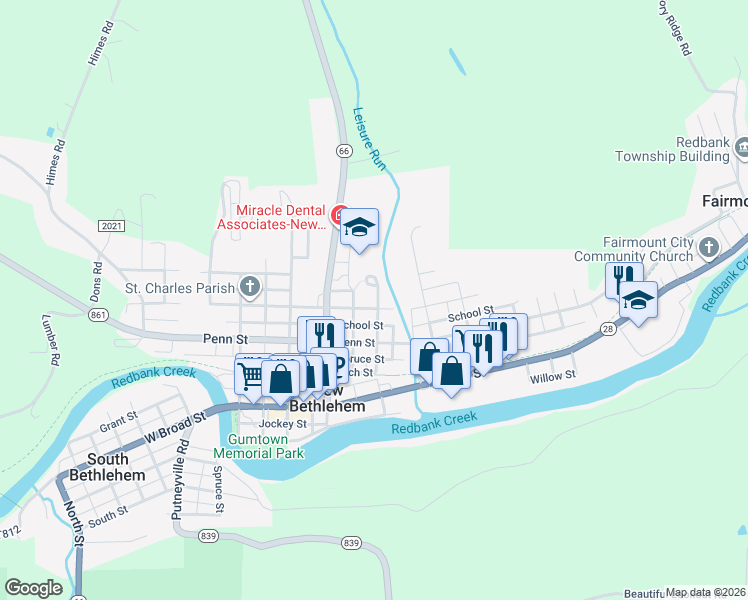 map of restaurants, bars, coffee shops, grocery stores, and more near 500 Vine Street in New Bethlehem