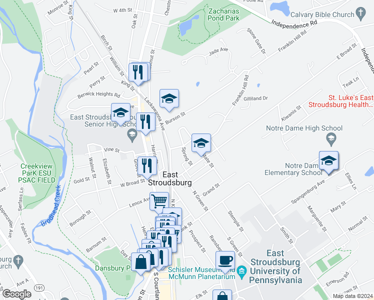 map of restaurants, bars, coffee shops, grocery stores, and more near 170 Spring Street in East Stroudsburg