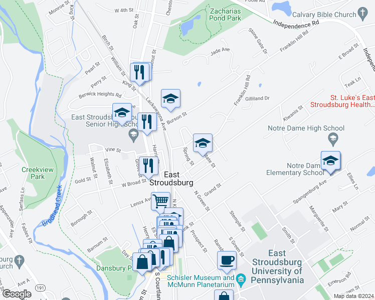 map of restaurants, bars, coffee shops, grocery stores, and more near 172 Spring Street in East Stroudsburg