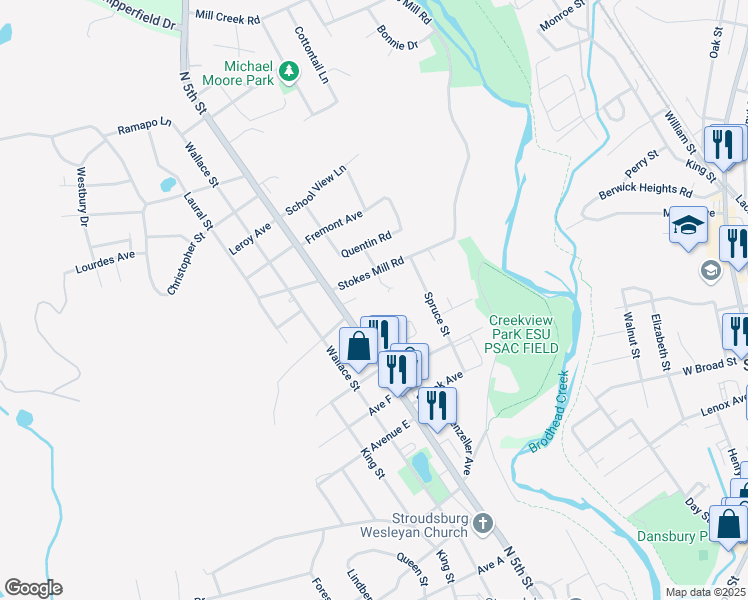 map of restaurants, bars, coffee shops, grocery stores, and more near 449 Stokes Mill Rd in Stroudsburg