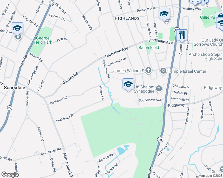 map of restaurants, bars, coffee shops, grocery stores, and more near 100 Cushman Road in Scarsdale