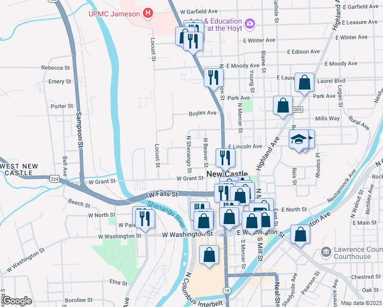 map of restaurants, bars, coffee shops, grocery stores, and more near 328 North Shenango Street in New Castle