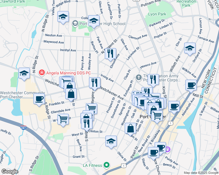 map of restaurants, bars, coffee shops, grocery stores, and more near 377 Westchester Avenue in Port Chester