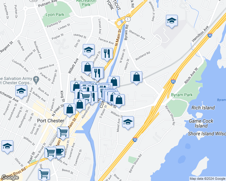 map of restaurants, bars, coffee shops, grocery stores, and more near 42 North Water Street in Greenwich