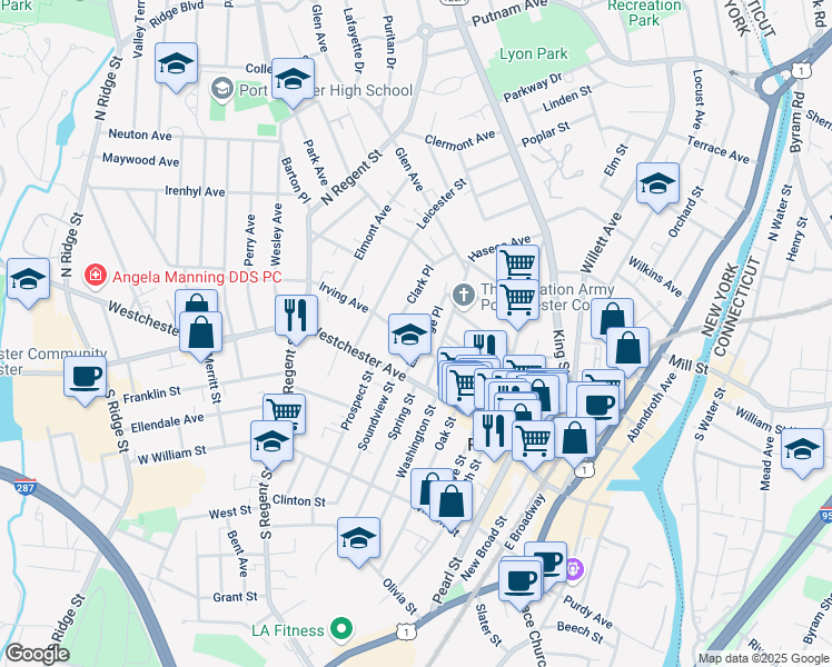 map of restaurants, bars, coffee shops, grocery stores, and more near 46 Exchange Place in Port Chester