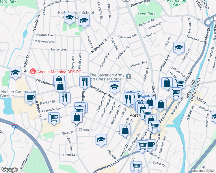 map of restaurants, bars, coffee shops, grocery stores, and more near 43 Leicester Street in Port Chester