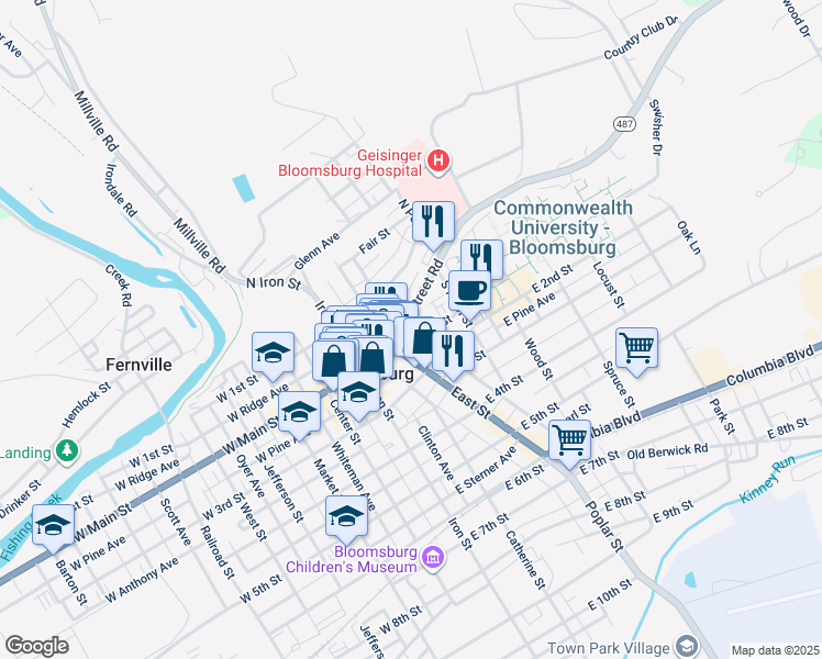 map of restaurants, bars, coffee shops, grocery stores, and more near 341341 RR Lightstreet Road in Bloomsburg