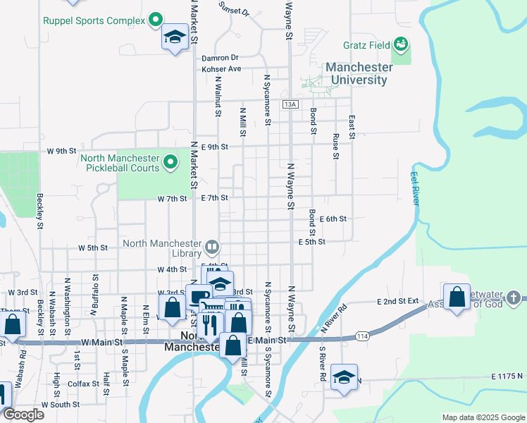 map of restaurants, bars, coffee shops, grocery stores, and more near 702 North Sycamore Street in North Manchester