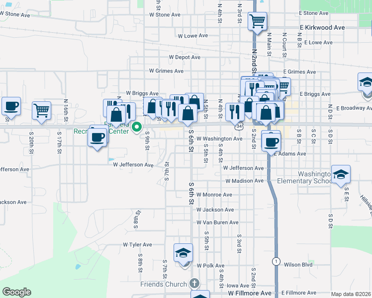 map of restaurants, bars, coffee shops, grocery stores, and more near 604 West Washington Avenue in Fairfield