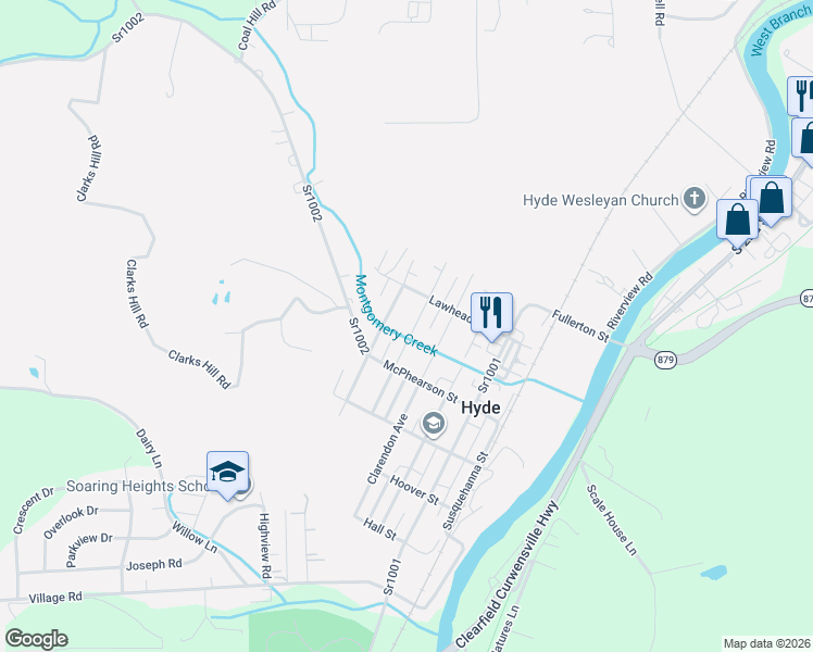map of restaurants, bars, coffee shops, grocery stores, and more near 1409 Powell Avenue in Clearfield