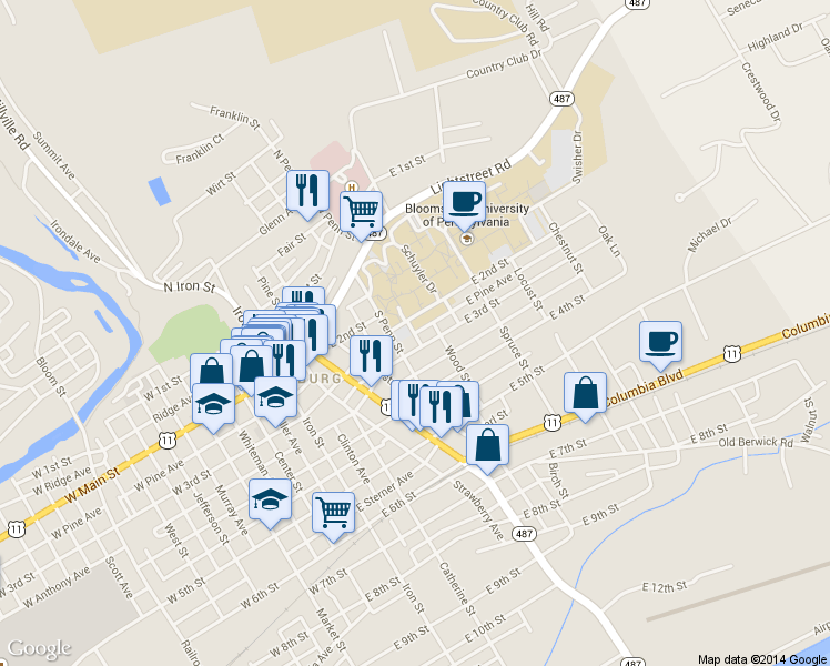 map of restaurants, bars, coffee shops, grocery stores, and more near E Pine Ave in Bloomsburg