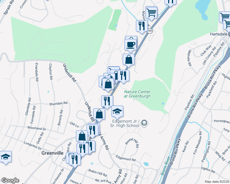 map of restaurants, bars, coffee shops, grocery stores, and more near 495 Central Park Avenue in Scarsdale