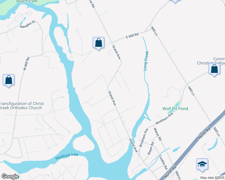 map of restaurants, bars, coffee shops, grocery stores, and more near 2900 Grand Avenue in Mattituck