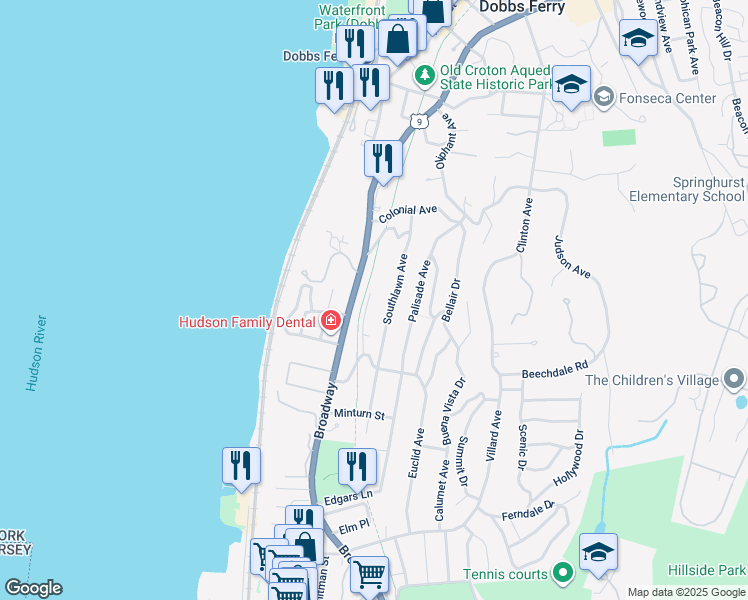 map of restaurants, bars, coffee shops, grocery stores, and more near 46 Broadway in Dobbs Ferry