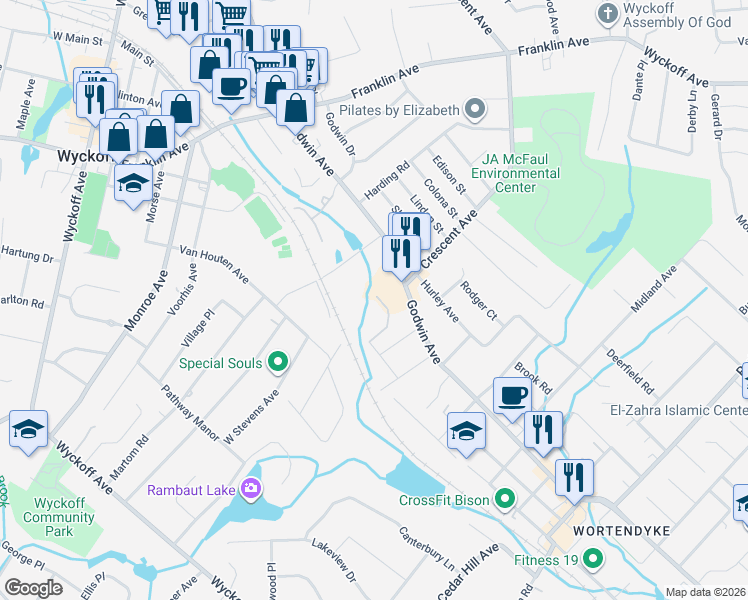 map of restaurants, bars, coffee shops, grocery stores, and more near 240 Demarest Avenue in Wyckoff