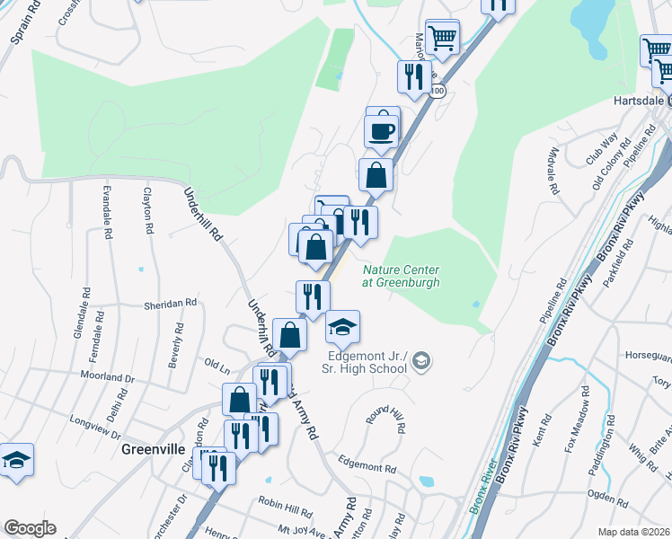 map of restaurants, bars, coffee shops, grocery stores, and more near 495 Central Park Avenue in Scarsdale