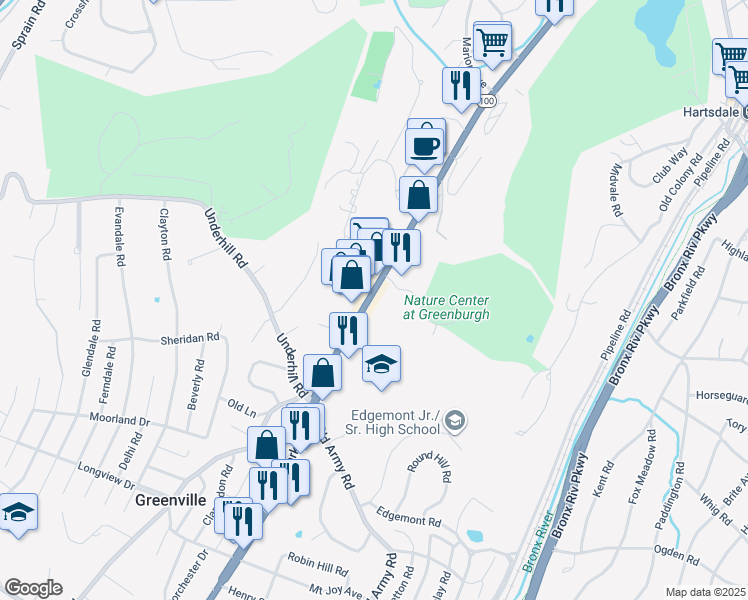 map of restaurants, bars, coffee shops, grocery stores, and more near 500 Central Park Avenue in Scarsdale