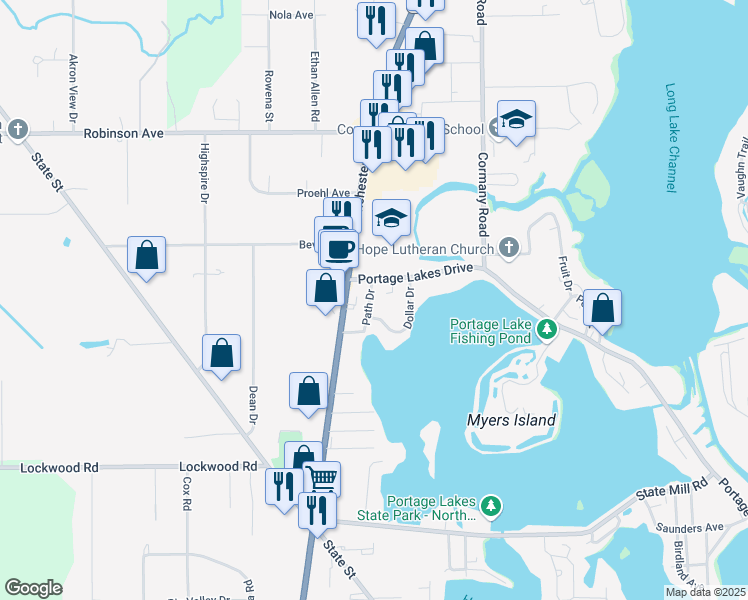 map of restaurants, bars, coffee shops, grocery stores, and more near 3475 Path Drive in Akron