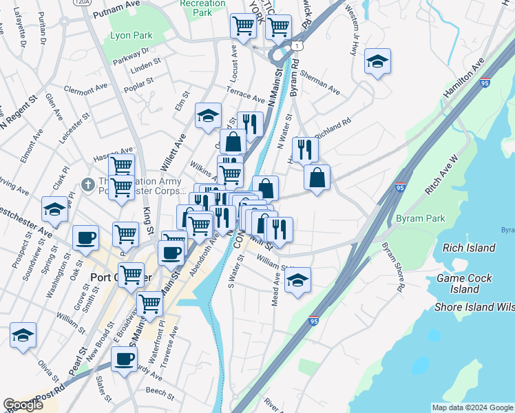 map of restaurants, bars, coffee shops, grocery stores, and more near 42 North Water Street in Greenwich