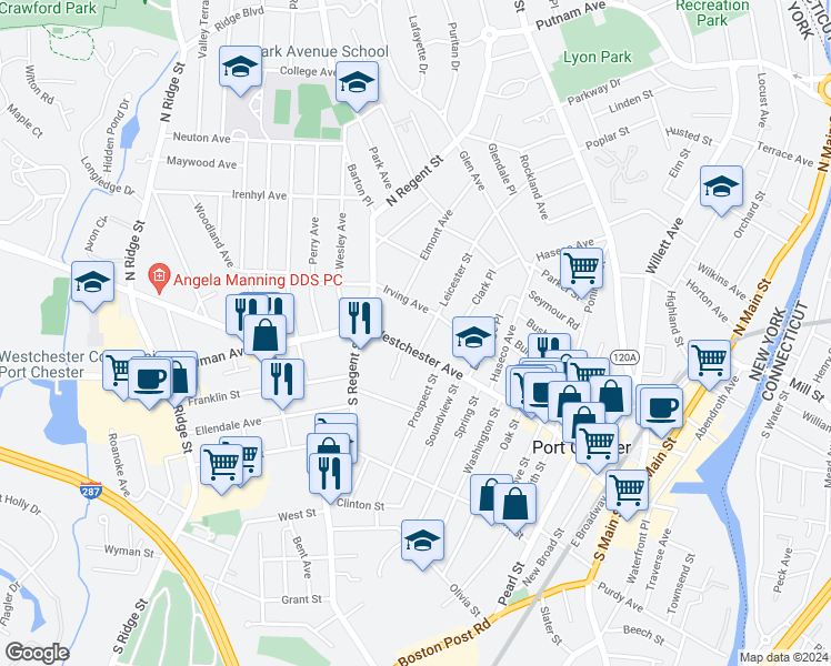 map of restaurants, bars, coffee shops, grocery stores, and more near in Port Chester
