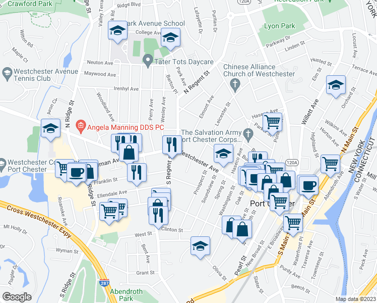 map of restaurants, bars, coffee shops, grocery stores, and more near in Port Chester