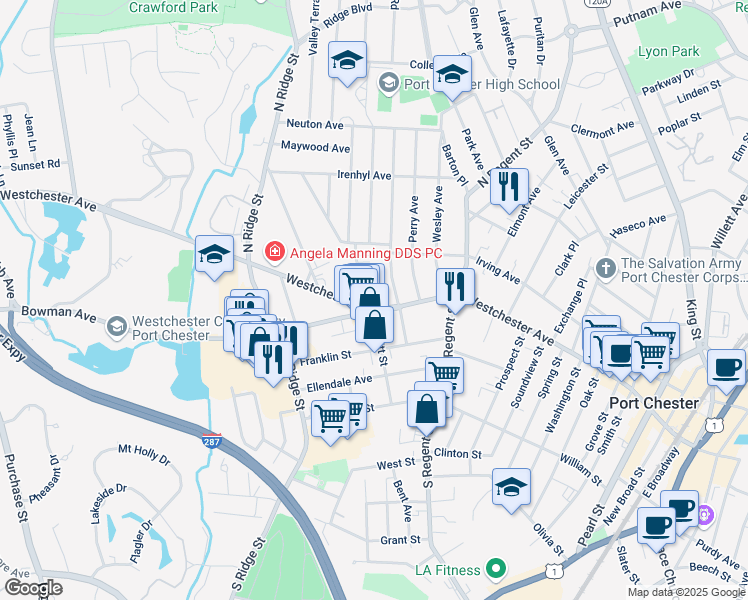 map of restaurants, bars, coffee shops, grocery stores, and more near 18 Breckenridge Avenue in Port Chester