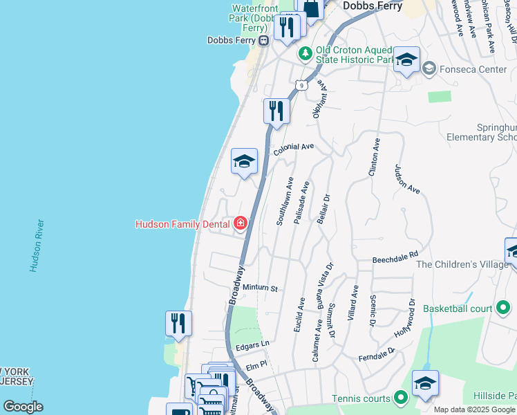map of restaurants, bars, coffee shops, grocery stores, and more near 46 Broadway in Dobbs Ferry