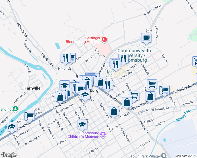 map of restaurants, bars, coffee shops, grocery stores, and more near 341341 RR Lightstreet Road in Bloomsburg